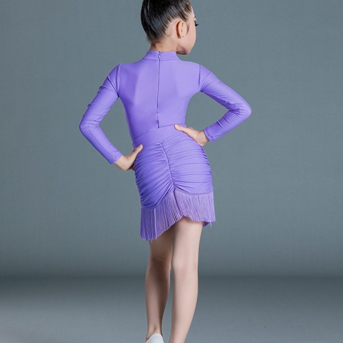 Girls kids purple mint color latin dance dress tassels long sleeves latin dance costumes for children
